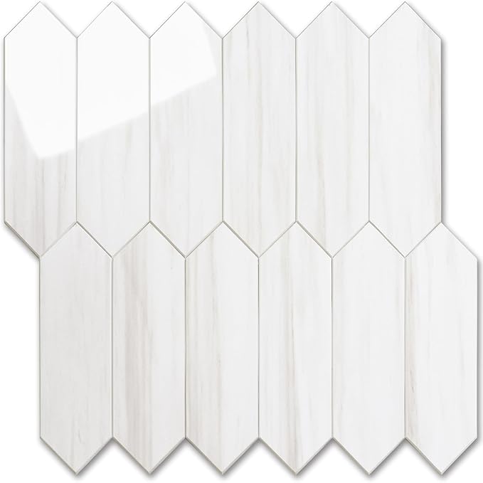 Vamos Tile 1 Sheet Glossy Dolomite White Backsplash Tile Peel and Stick, 12.8 x 12.8 Inch Long Hexagon PVC Self Adhesive Mosaic Wall Tiles Stick on Backsplash for Kitchen and Bathroom