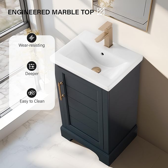 HOMEBEYOND 20 Inch Bathroom Vanity with Single Sink & Ceramic Top, Vanity Cabinet with Center Countertop Basin, Soft-Closing Doors, Vintage Spruce Blue