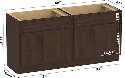 Vanity Art 66 Inch Bathroom Base Cabinet Only, Double Sink Top (Not Include Sink) with Door & Soft Close Hinge, Unassembled Floor Cabinet, Brown, 2ea 33 Inch Combo