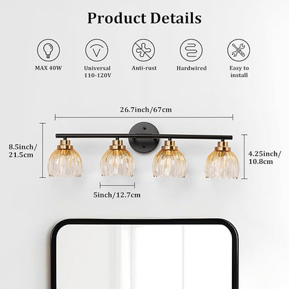 TALOYA Bathroom Vanity Light Fixtures, 4-Light Black and Gold Wall Lights for Mirror with Gradient Amber Tulip Glass Shades, Over Sink Lighting for Bedroom, Living Room, Hallway