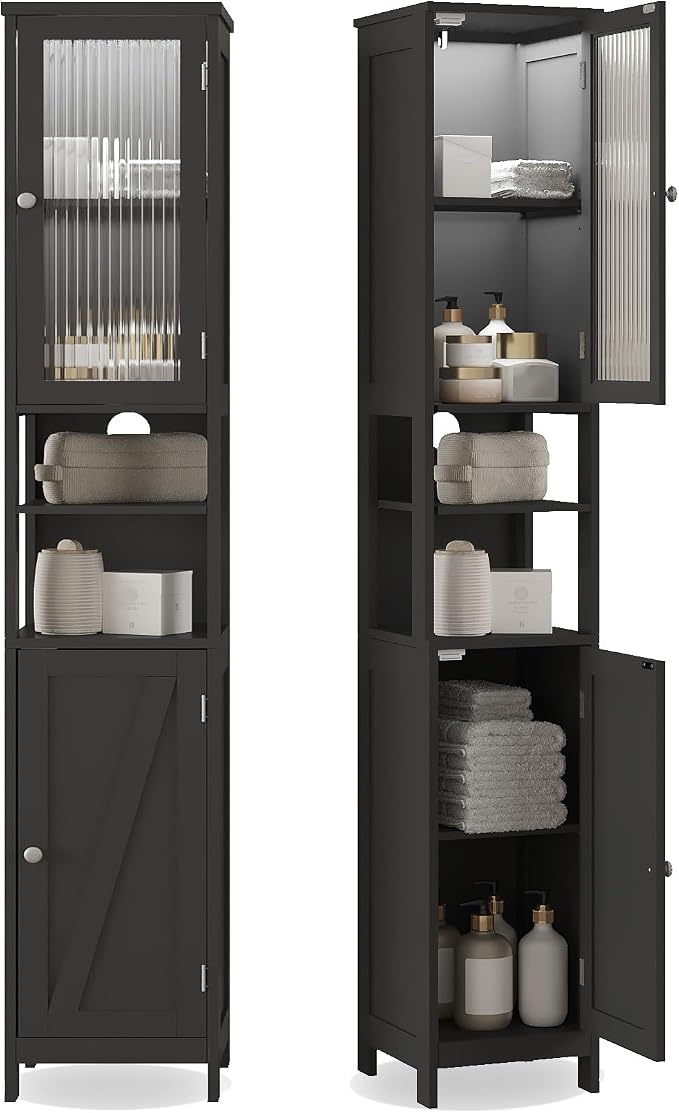 ChooChoo Narrow Bathroom Storage Cabinet with Light， Space Saving | Space Saving,Tall Bathroom Storage Cabinet, 5-Tier, 2 Doors, Slim, Freestanding, Adjustable Shelves, Black