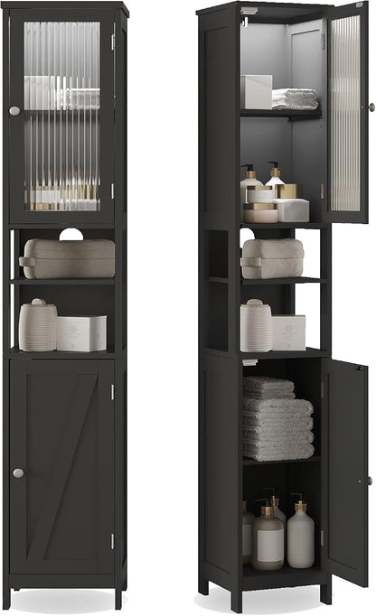 ChooChoo Narrow Bathroom Storage Cabinet with Light， Space Saving | Space Saving,Tall Bathroom Storage Cabinet, 5-Tier, 2 Doors, Slim, Freestanding, Adjustable Shelves, Black