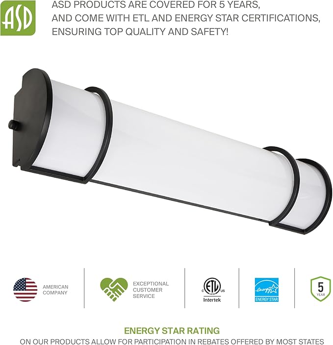 ASD LED 24" Vanity Flush Mount Light Fixture, Linear Bathroom Lighting Bar | 3CCT, Dimmable, Energy Star, ETL Listed | 25W 1950LM 3000-5000K 120V | Long Tube Bath Wall Sconce Over Mirror | Black