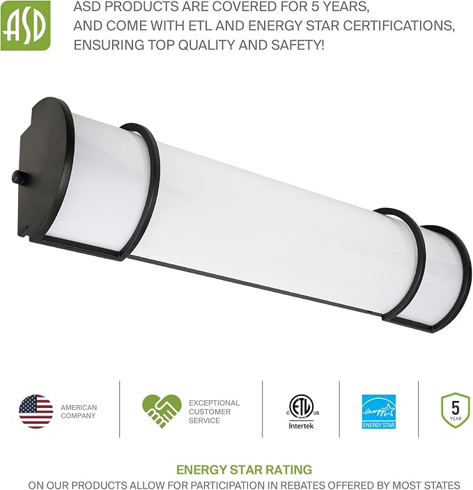 ASD LED 18" Vanity Flush Mount Light Fixture, Linear Bathroom Lighting Bar | 3CCT, Dimmable, Energy Star, ETL Listed | 20W 1650LM 3000-5000K 120V | Long Bath Wall Sconce Over Mirror | Black, 4 Pack