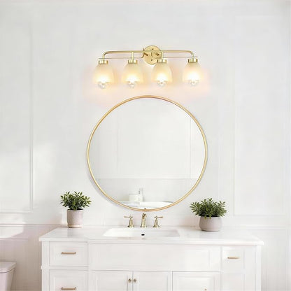 28 Inch Mid-Century Modern Vanity Lights, 4-Light Golden Bathroom Light Fixture with Frosted White Bell Shades, Industrial Wall Sconce for Mirror Over Vanity, Bedroom, Hallway
