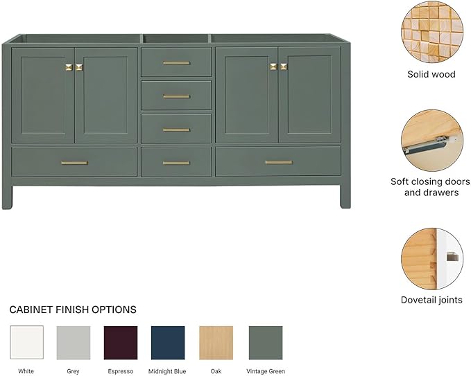 ARIEL Cambridge 72-inch Bathroom Vanity Base Cabinet,Solid Wood, 4 Soft Closing Doors, 6 Dovetail Drawers, Vintage Green