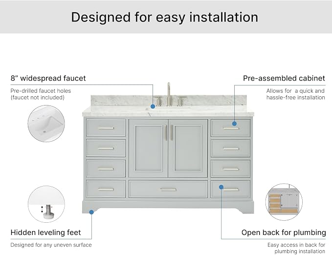 Langford 60-inch Grey Bathroom Vanity with Center Rectangle Single Sink, Italian Carrara Marble Countertop & Backsplash, Solid Wood Frame, Soft-Closing & Dovetail Drawers