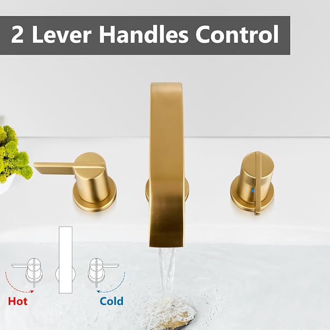 Brushed Gold Bathroom Faucet 3 Hole 8 Inch Widespread Waterfall | 2-Handle Vanity Faucet, Pop-Up Drain, Supply Lines, Adjustable 4- to 16-Inch Widespread Fit, 360° Swivel Spout