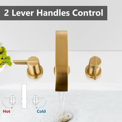 Brushed Gold Bathroom Faucet 3 Hole 8 Inch Widespread Waterfall | 2-Handle Vanity Faucet, Pop-Up Drain, Supply Lines, Adjustable 4- to 16-Inch Widespread Fit, 360° Swivel Spout