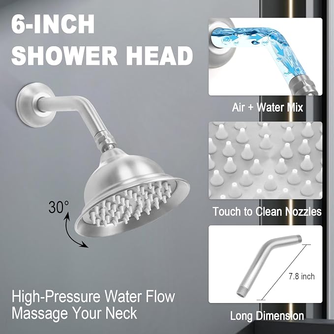 Enga Antique Dual Shower Head Faucet Set - 8" Ceiling Mount Rain Shower & 6" Wall-Mounted Vintage Rainfall + Handheld Spray Combo, Brushed Nickel