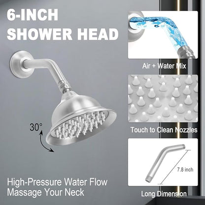 Enga Antique Dual Shower Head Faucet Set - 8" Ceiling Mount Rain Shower & 6" Wall-Mounted Vintage Rainfall + Handheld Spray Combo, Brushed Nickel