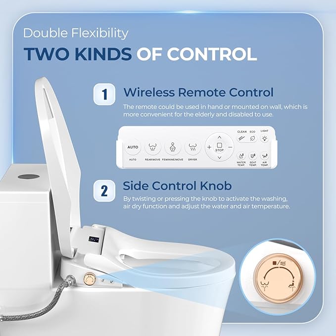 Bidet Toilet Seat Elongated, Electric Heated Seat with Instant Warm Water, Remote & Side Knob Control, Self-Clean Nozzle, Soft Close Lid, Night Light, Warm Air Dryer