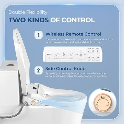 Bidet Toilet Seat Elongated, Electric Heated Seat with Instant Warm Water, Remote & Side Knob Control, Self-Clean Nozzle, Soft Close Lid, Night Light, Warm Air Dryer