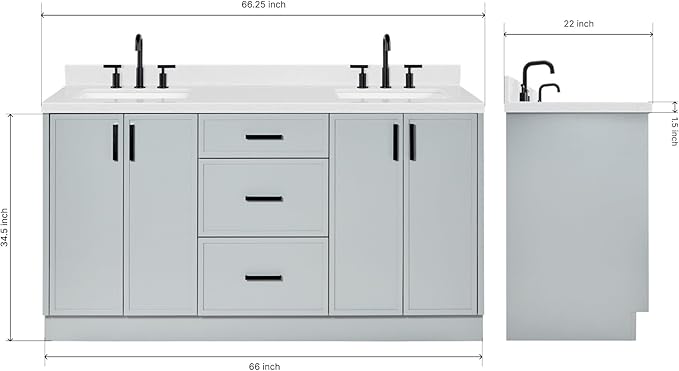 ARIEL Kelly 66-inch Bathroom Vanity with Sink,Solid Wood, 1.5-inch Carrara White Quartz Countertop & Backsplash, Double Rectangular Porcelain Sink, 4 Soft Closing Doors, 5 Dovetail Drawers, Grey