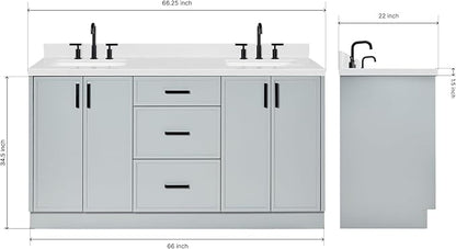 ARIEL Kelly 66-inch Bathroom Vanity with Sink,Solid Wood, 1.5-inch Carrara White Quartz Countertop & Backsplash, Double Rectangular Porcelain Sink, 4 Soft Closing Doors, 5 Dovetail Drawers, Grey