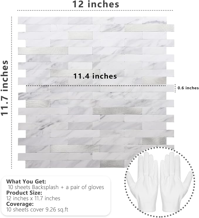 STICKGOO Peel and Stick Backsplash, PVC Wall Tiles Stick on Backsplash for Kitchen(10 Sheets, White Marble with Metal Silver)