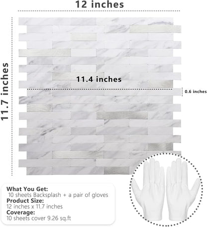 STICKGOO Peel and Stick Backsplash, PVC Wall Tiles Stick on Backsplash for Kitchen(10 Sheets, White Marble with Metal Silver)