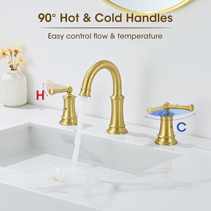 Gold Bathroom Faucet 3 Hole Sink Bathroom Fauce Solid Brass | Complete With Pop-Up Drain Assembly And cUPC Supply Lines For Widespread Vanity, Lavatory, And RV Sinks