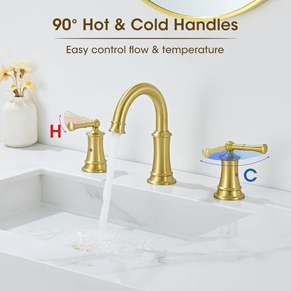 Gold Bathroom Faucet 3 Hole Sink Bathroom Fauce Solid Brass | Complete With Pop-Up Drain Assembly And cUPC Supply Lines For Widespread Vanity, Lavatory, And RV Sinks