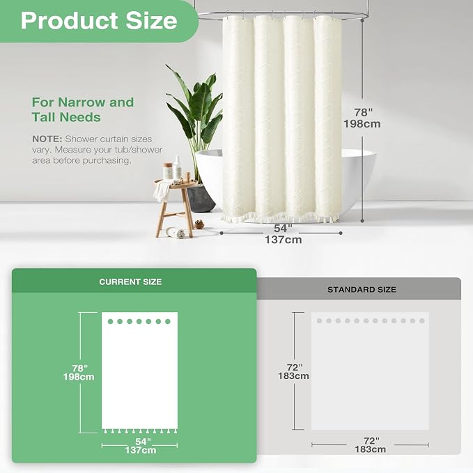 Stall Boho Farmhouse Shower Curtain Tufted Geometric 54"x78" Cream | 54 x 78 inch Long, Elegant Tassel, Lightweight Textured Fabric, Water Repellent, Washable, for Narrow Bathroom/Dorm 10 Hooks