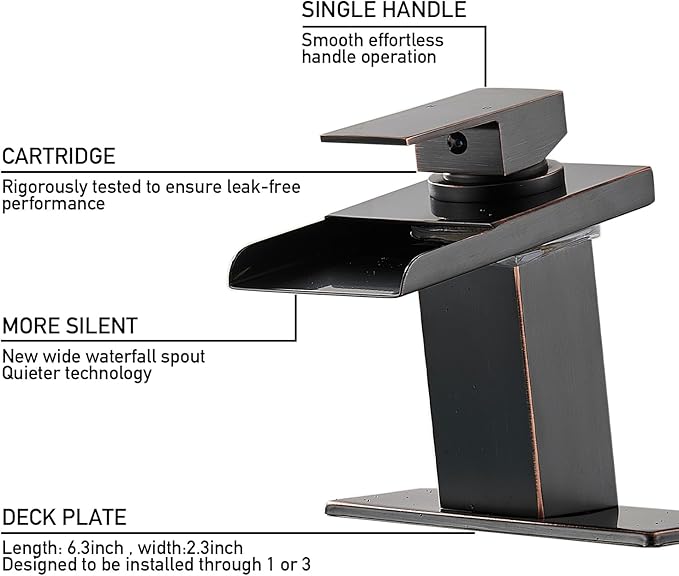 LED Bathroom Sink Faucet, Oil Rubbed Bronze Waterfall Single Hole Handle Vanity Faucets for Sinks 1 Hole with Metal Pop Up Drain and 2 Water Supply Lines, Stainless Steel Spout
