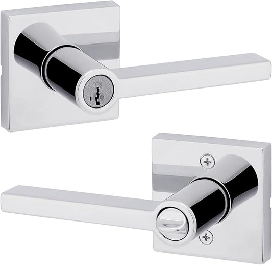 Kwikset Halifax Entry Door Handle with Lock and Key, Secure Keyed Reversible Lever Exterior, Doorlock, For Front Entrance and Bedrooms, Polished Chrome, Pick Resistant Smartkey Rekey Security