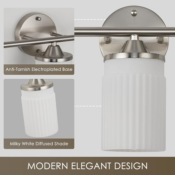 Jonsi Nickel Bathroom Light Fixtures 3-Light Vanity Lights Modern Wall Sconce with Milk White Shade Brushed Nickel Bathroom Light Fixture Over Mirror for Bedroom Hallway Kitchen