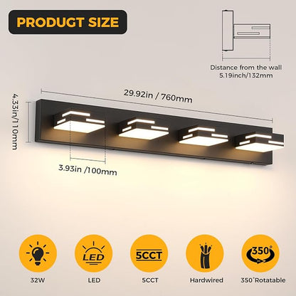 4-Light 5CCT Modern Bathroom Vanity Light Fixtures, 30-Inch 350° Rotatable LED Vanity Lights Over Mirror, Dimmable Matte Black Wall Sconce with Frosted Acrylic Shade