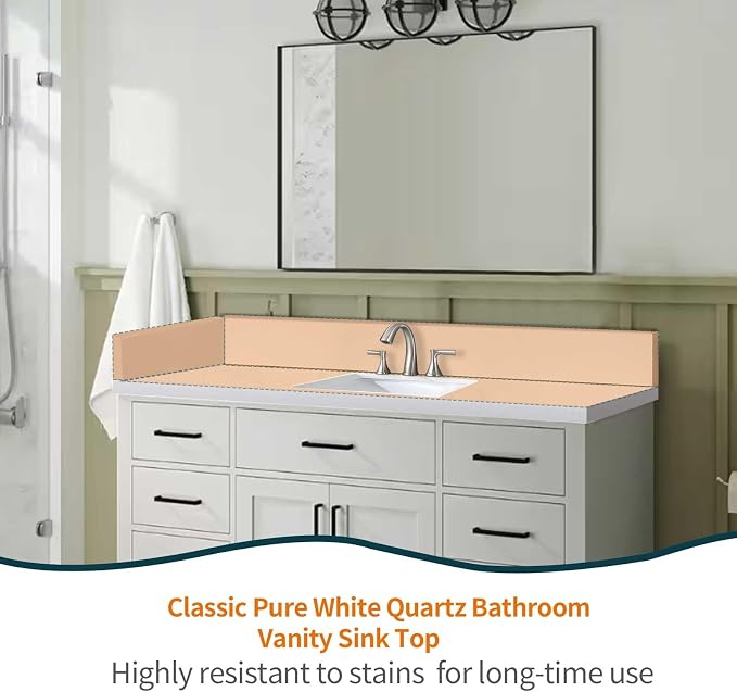 48" x 22" Vanity Top, Quartz Vanity Sink Top in Pure White, with One Sidesplash & One Backsplash, with Undermounted Sink,8 Inch Faucet Hole Spread for Vanity Top with Sink