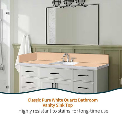 48" x 22" Vanity Top, Quartz Vanity Sink Top in Pure White, with One Sidesplash & One Backsplash, with Undermounted Sink,8 Inch Faucet Hole Spread for Vanity Top with Sink