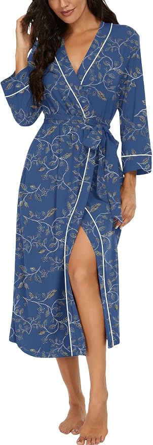 PrinStory Robes for Women 3/4 Sleeve Long Bath Robe XS-4XL | V-Neck Knit Bathrobe with Pockets, Lightweight, Soft, Breathable Robes for Shower, Spa, Travel, Home, Party, Nursing