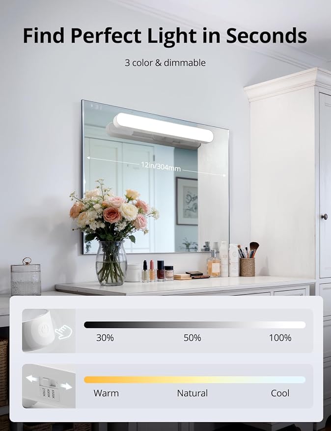 Rechargeable Makeup Light Bar LED Stick on Vanity Lighting for Mirror, 11Inch Super Bright 14 Days Long Last Battery Operated Wireless Attachable Wall Lamp for Bathroom Dresser Counter