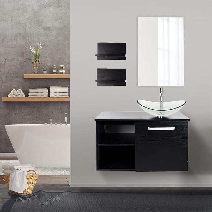 YOURLITE 28" Wall Mounted Bathroom Vanity Modern Lavatory Wood Cabinet with Mirror Clear Boat Tempered Glass Sink Combo Vanities Set