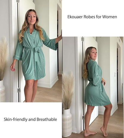 Ekouaer Women Kimono Robes Knee Length Knit Bathrobe Lightweight Soft Sleepwear V-neck Casual Ladies Loungewear