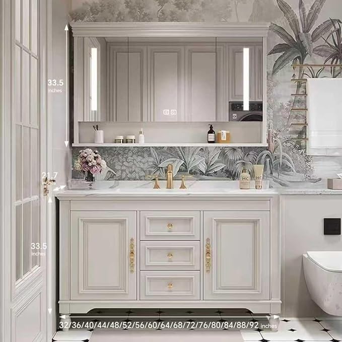 American Minimalist Bathroom Vanity with Sink Mirror 36-92IN, Premium Solid Wood Vanity with LED Lighting& Defogging