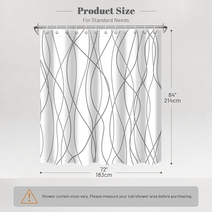 Striped Shower Curtain for Bathroom, Grey White, 72" W x 84" L | with Hooks, Modern Hotel Style, Water Repellent, Washable, Weighted Hem