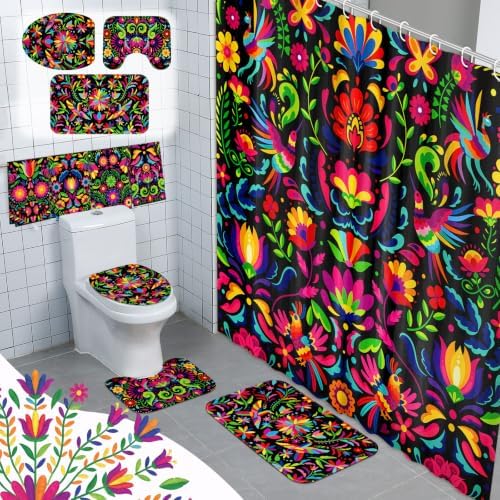 FuWeave 8 Pcs Mexico Floral Shower Curtain Set for Bathroom Decor Include Mexican Folk Art Floral Bird Shower Curtain Towels Non Slip Rugs Toilet Lid Cover Colorful Bohemian Bath Mat and 12 Hooks