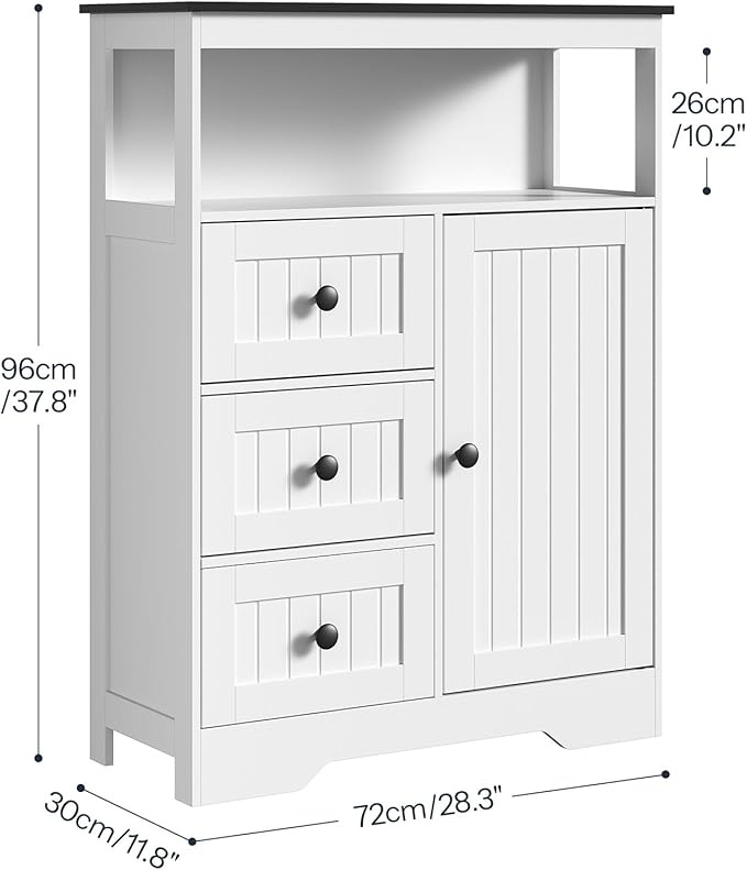 HOOBRO 28.3" Bathroom Storage Cabinet, Large Floor Cabinet, Freestanding Bathroom Storage Unit, 1 Cupboard and 3 Drawers, Adjustable Shelf, 28.3" L x 11.8" W x 37.8" H, White and Black