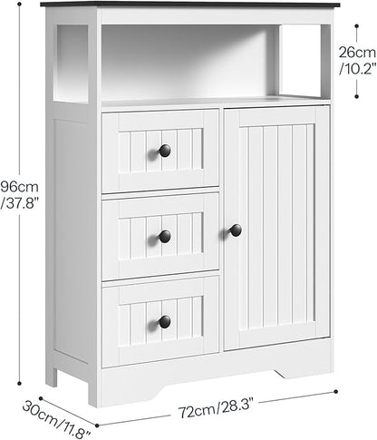 HOOBRO 28.3" Bathroom Storage Cabinet, Large Floor Cabinet, Freestanding Bathroom Storage Unit, 1 Cupboard and 3 Drawers, Adjustable Shelf, 28.3" L x 11.8" W x 37.8" H, White and Black