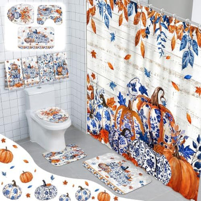 FuWeave 8 Pcs Fall Pumpkin Shower Curtain Set for Bathroom Decor Include Blue and White Chinoiserie Autumn Shower Curtain Harvest Floral Towels Non Slip Rugs Toilet Lid Cover Bath Mat and 12 Hooks