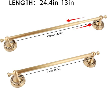 Antique Brass Towel Bar Wall Mount, Adjustable 13-24 inch Bath Towel Rod Holder, Vintage Gold Decorative Bathroom Accessories