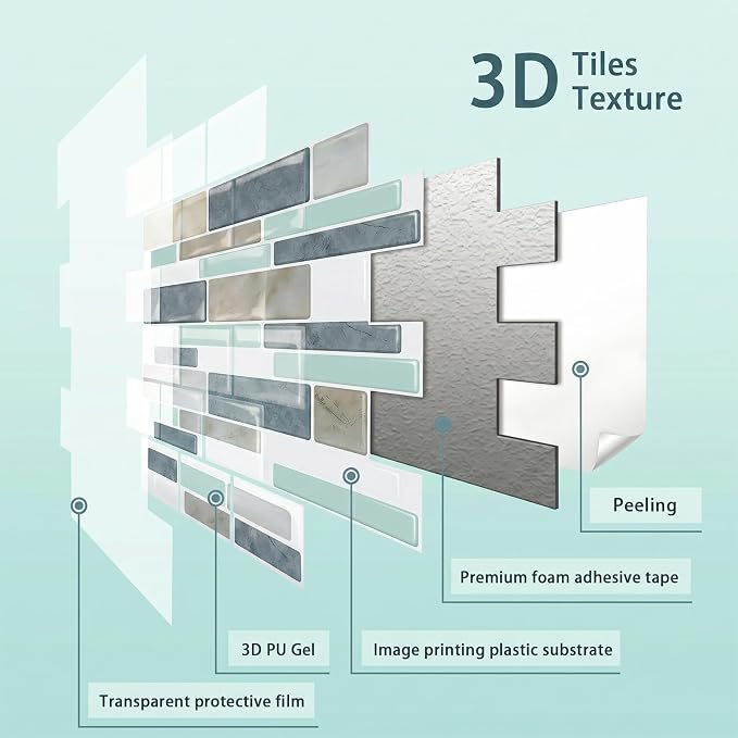 Arttown Peel and Stick 3D Wall Backsplash, 10-Sheet, 12" × 12" Blue Gray | Subway Tiles Self Adhesive Thicker Design Wall Tile Panel Wallpaper for Kitchen Bathroom Balcony