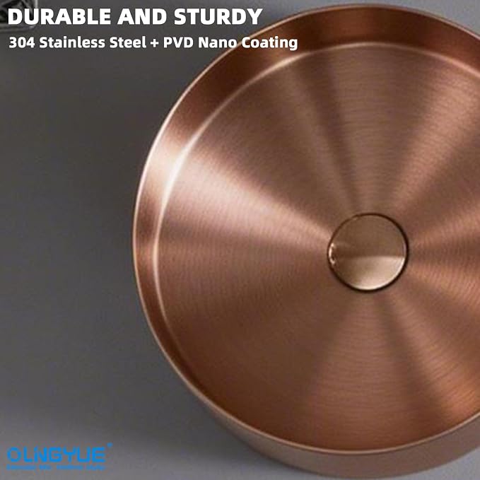 Round Metal Bathroom Vessel Sink: 16" Modern Lavatory Basin - Rose Gold | Above Counter Vanity Washbasin with Stainless Steel PVD Nano Coating Pop Up Drain for Home Hotel Office Toilet Renovation