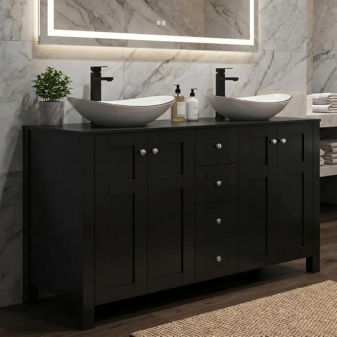 48 Inch Bathroom Vanity with Sink, Traditional Freestanding Black Bathroom Vanity Cabinet with Four Drawers, Pedestal Cabinet with Two White Ceramic Boat Sinks with Black Trim
