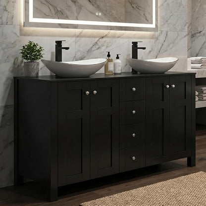 48 Inch Bathroom Vanity with Sink, Traditional Freestanding Black Bathroom Vanity Cabinet with Four Drawers, Pedestal Cabinet with Two White Ceramic Boat Sinks with Black Trim