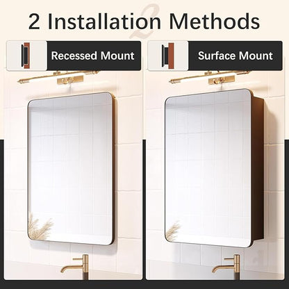 Medicine Cabinet 20x30 Inch, Aluminum Bathroom Mirror Cabinet with Storage, Recessed or Surface Mount, Black Vanity Storage Unit with 3 Anti-Tip Adjustable Acrylic Shelves, Soft Close Hinge