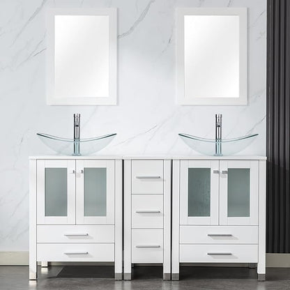 LUCKWIND 60" Double 24" Bathroom Vanity with Sink Combo, Elegant Series with One 12.6-in Side Cabinet, Painted Frame, Including Clear Boat Sinks, Faucets Without Mirrors, White