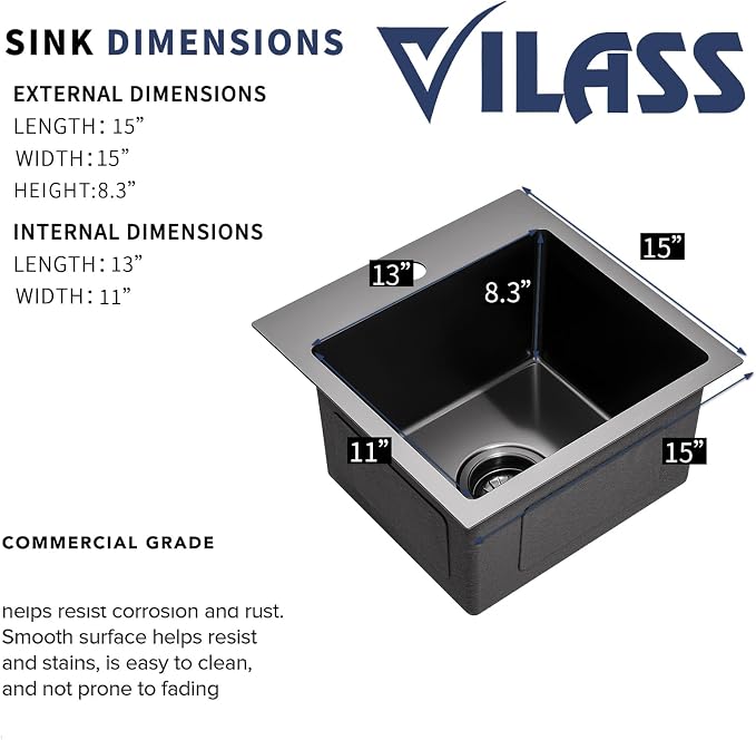 Black Bar Sink 15 Inch Modern Drop in Small Kitchen Sink with Faucet Combo Single Bowl Gunmetal Black RV Sink Stainless Steel Outdoor Sink