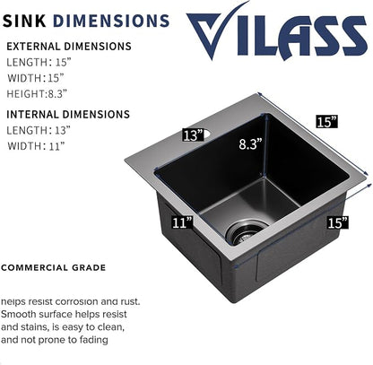 Black Bar Sink 15 Inch Modern Drop in Small Kitchen Sink with Faucet Combo Single Bowl Gunmetal Black RV Sink Stainless Steel Outdoor Sink