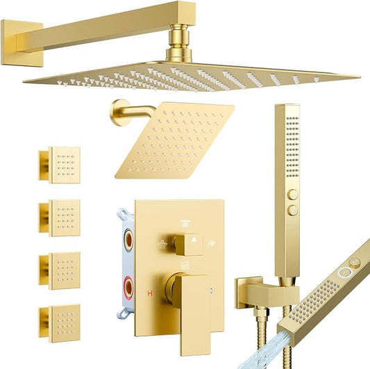 Shower System with 4 Body Spray Jets, STARBATH 4 Way 12 + 6"Rainfall Shower Head with Handheld Combo, Wall Mounted Shower Jets System in Wall Shower Faucet Set, Brushed Gold